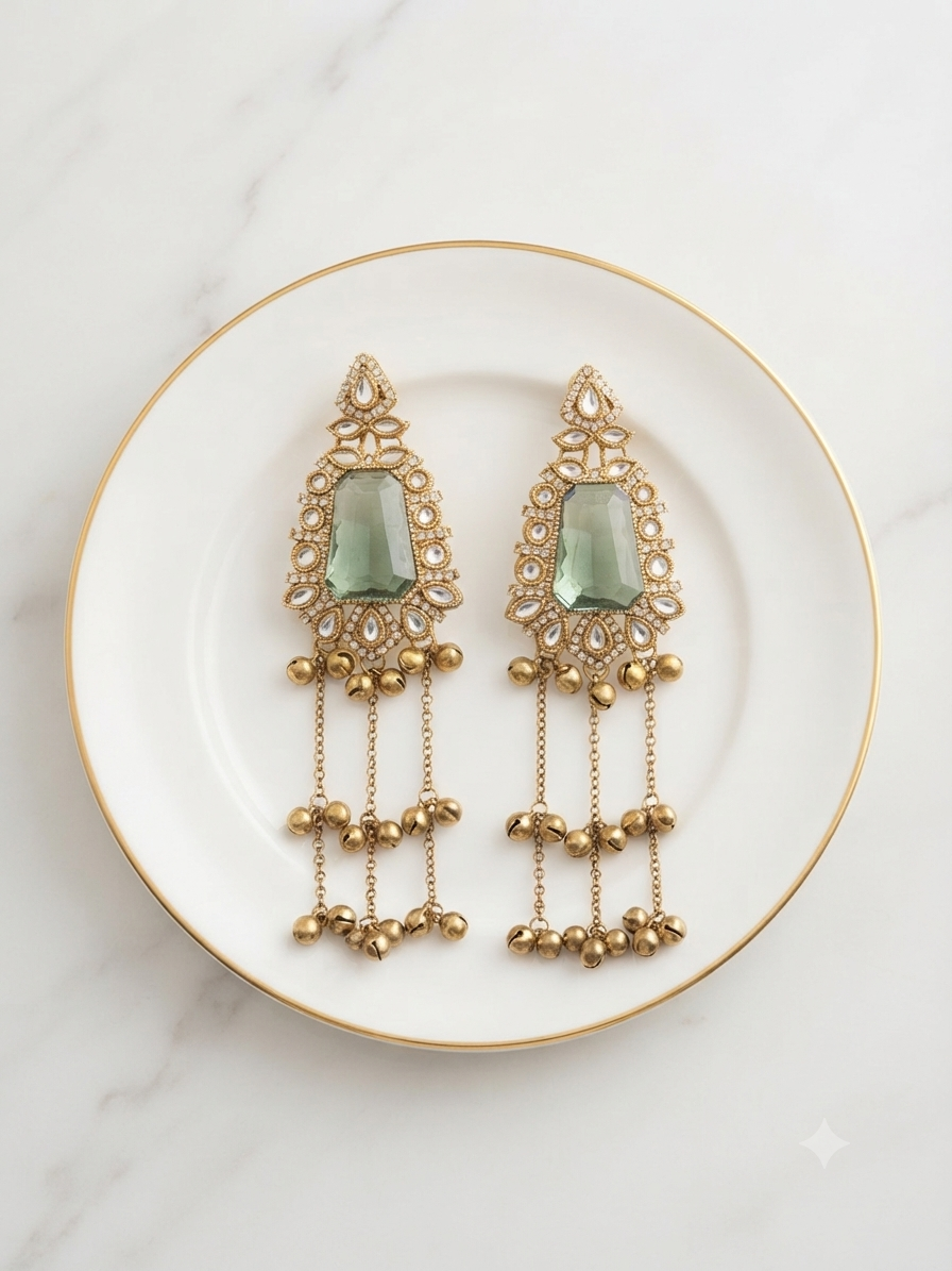Royal Sage Drop Chandbalis with Ghungroo Hangings