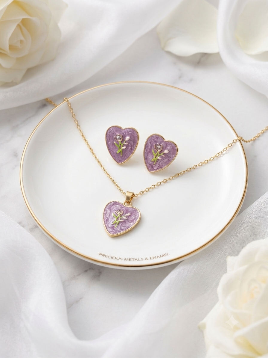 Enchanted Lavender Heart & Floral Pendant set