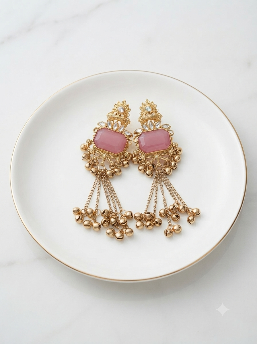 Blush Pink Crystal & Gungru Chain Dangle Earrings