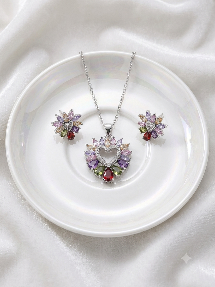 Radiant Multi-Gemstone Heart & Floral Cluster pendant set