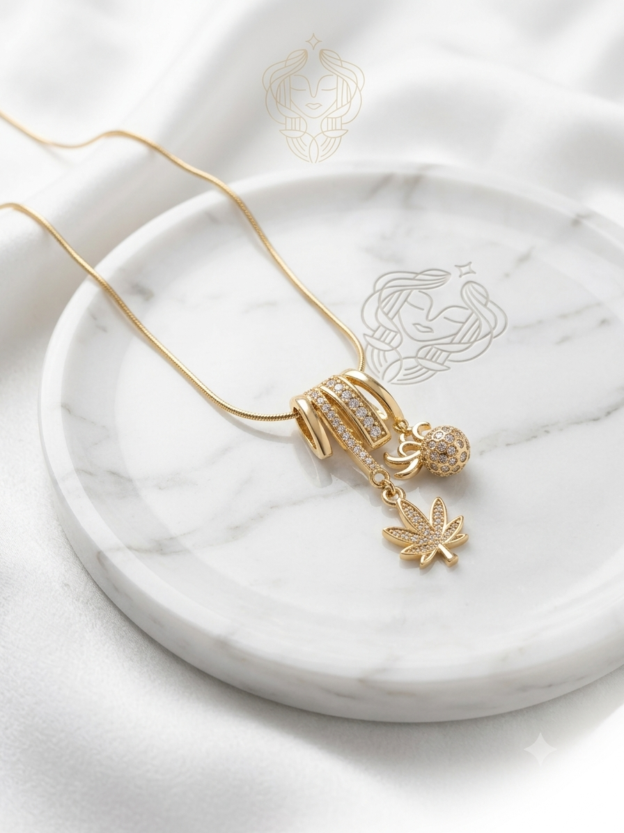 Crystal-Paved Leaf & Sphere Multi-Charm Chain