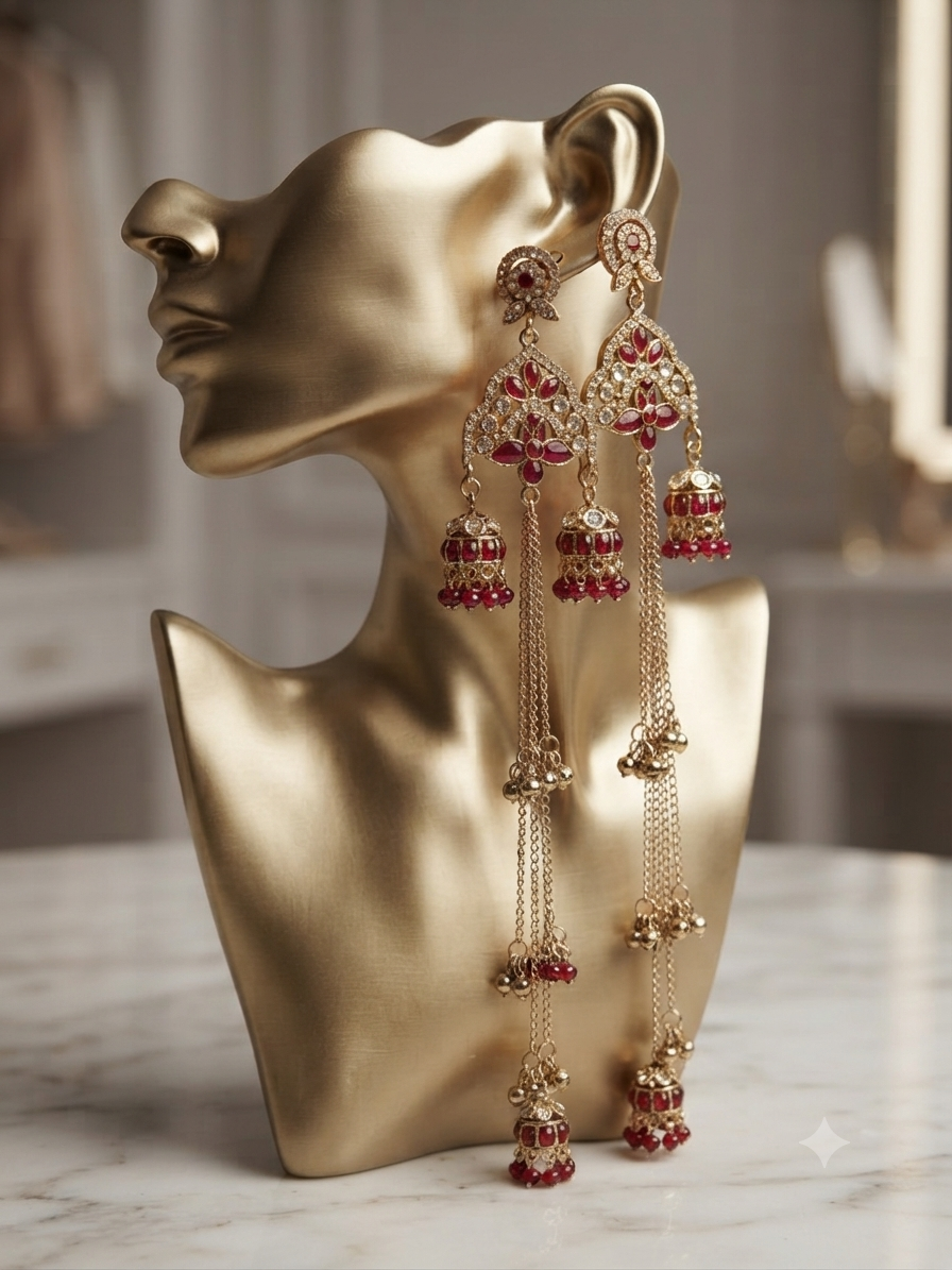 Royal Crimson Cascade Statement Jhumkas – Gold-Plated Long Tiered Earrings with Ruby Beads