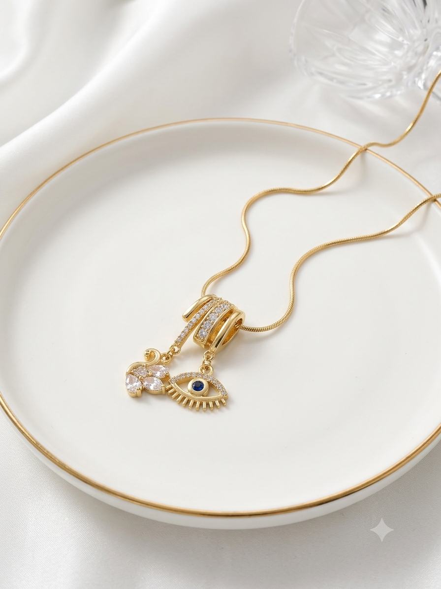 Gilded Evil Eye & Swan Charm Necklace