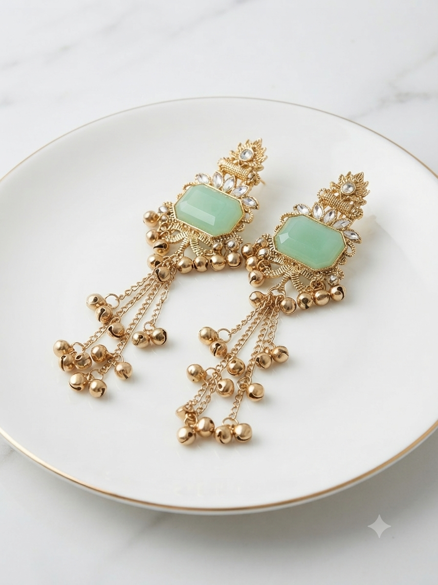Mint Green Crystal & Gungru Chain Dangle Earrings