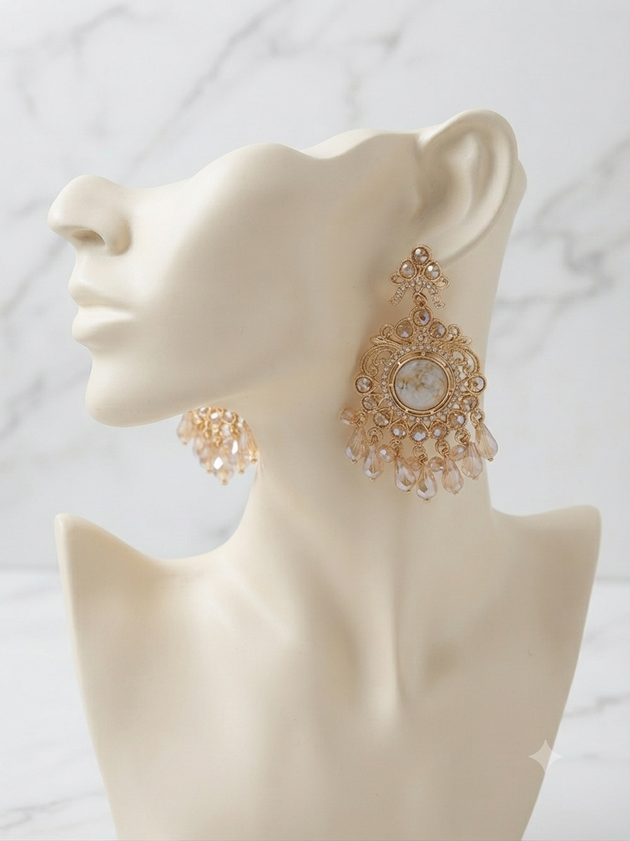 Golden Ivory Filigree & Crystal Dangle Earrings