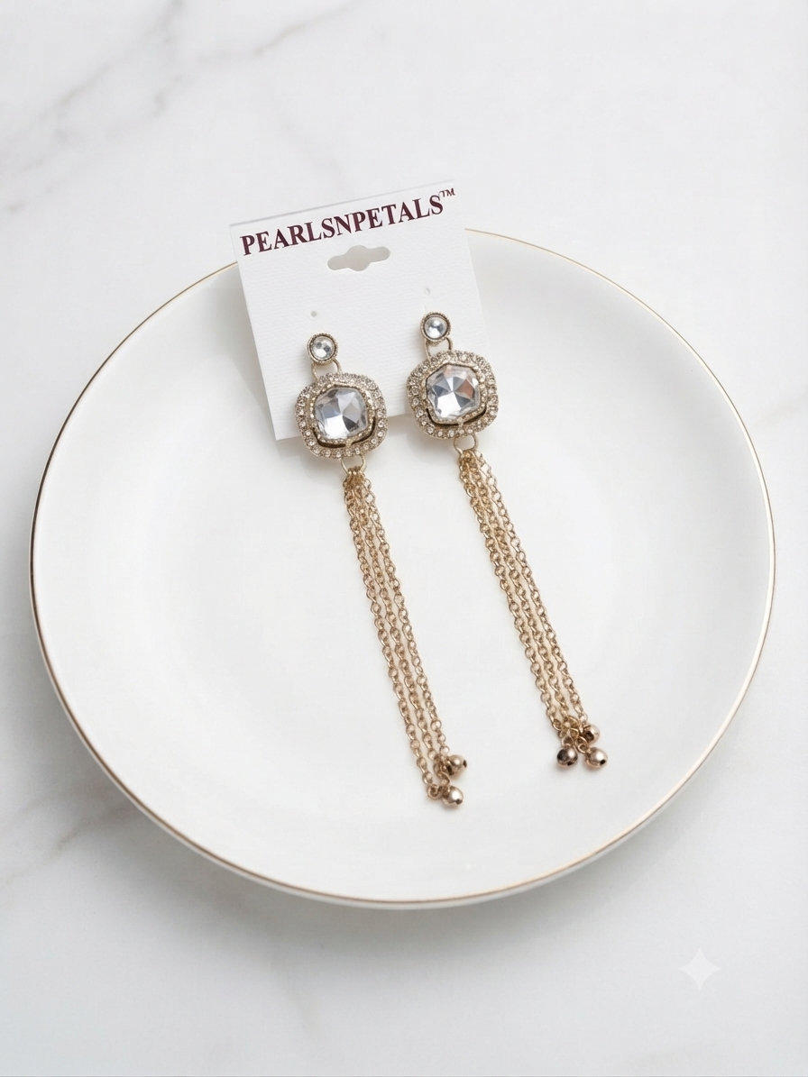 Clear Crystal & Cascading Chain Dangle Earrings