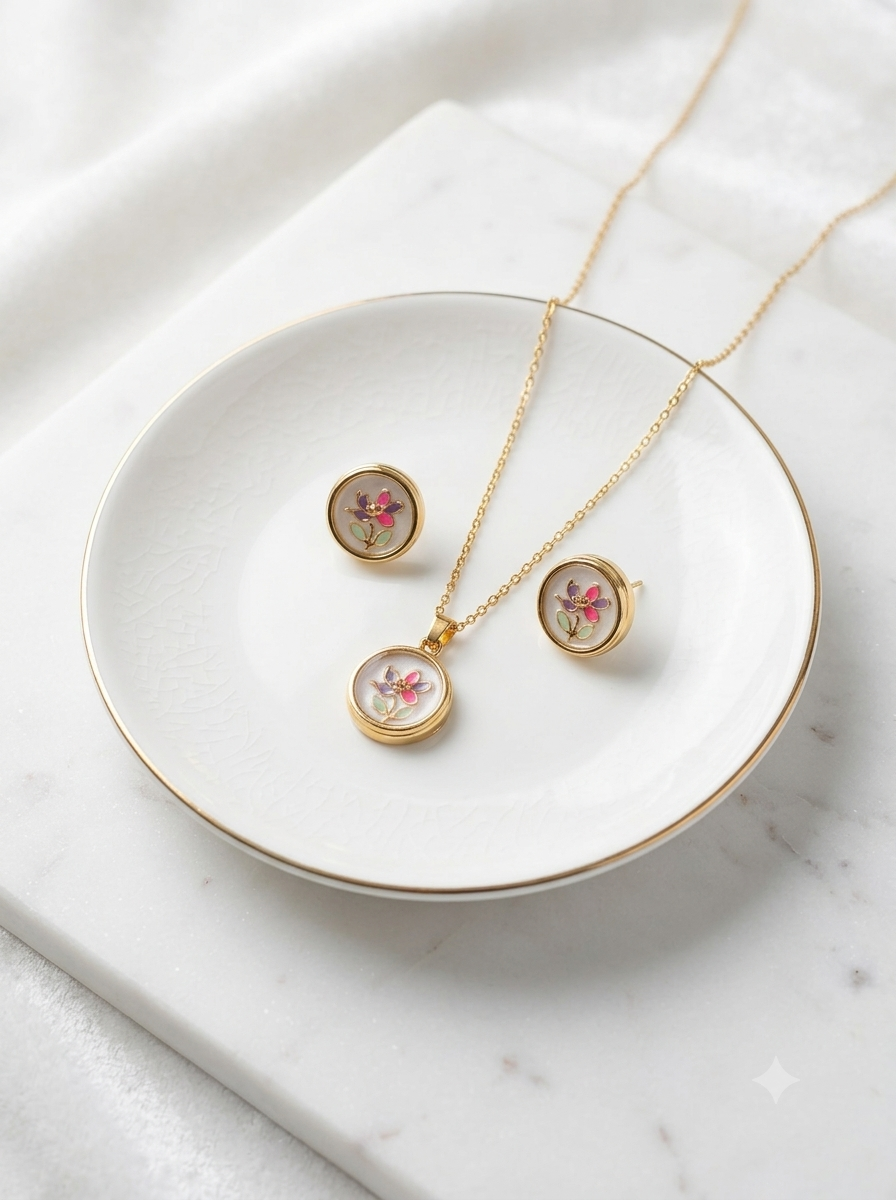 Hand-Enamelled Wildflower Pendant & Stud Earring Set