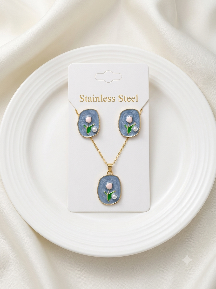 Blue Blush Tulip Enamel Pendant & Earring Set