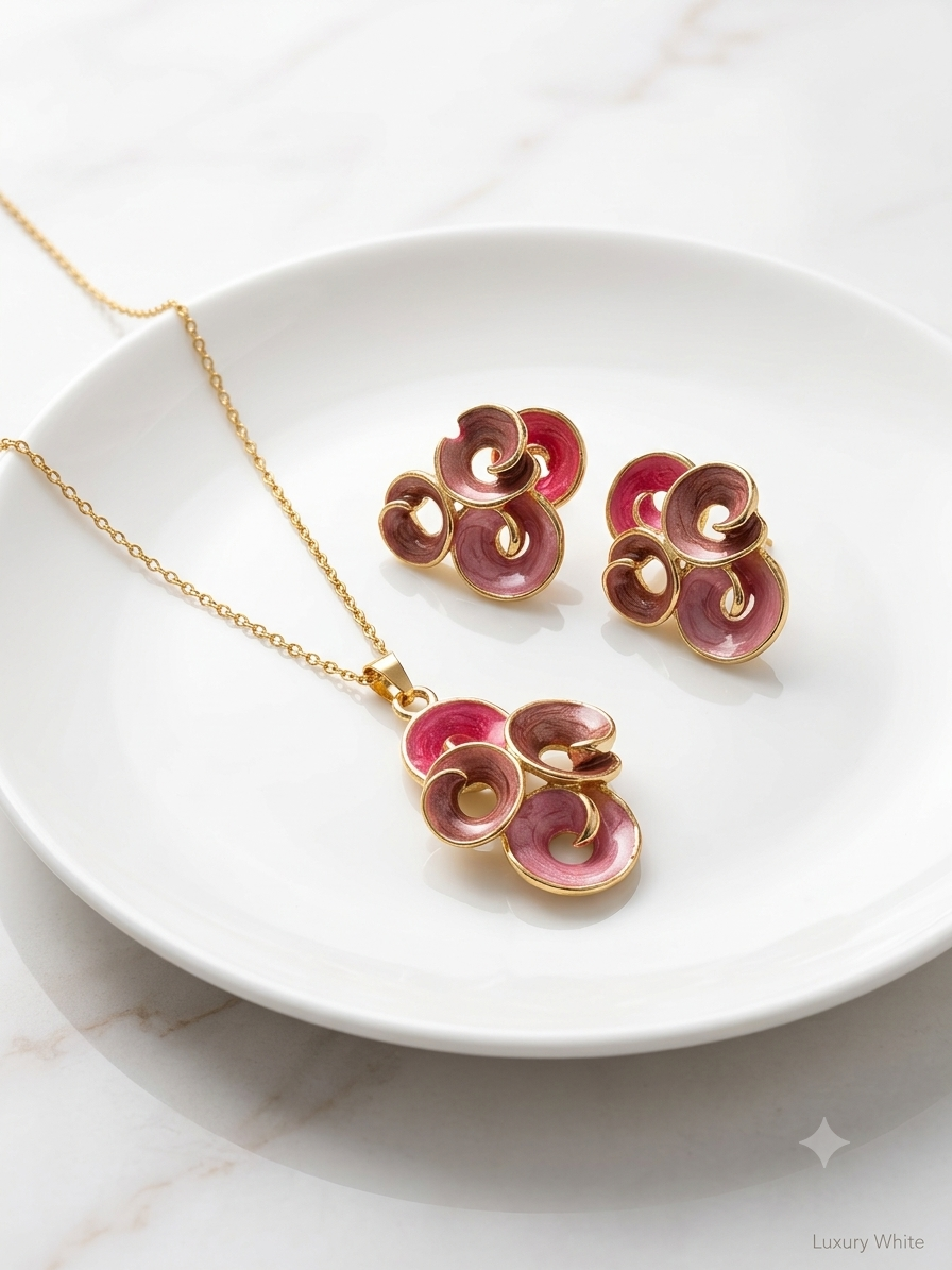 Golden Enamel Swirl Cluster pendant set