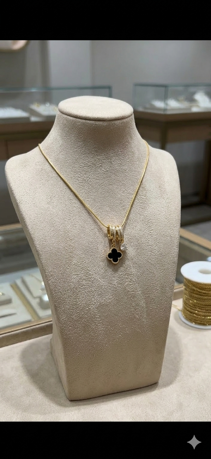 Black Clover & Solitaire Multi-Charm Gold Pendant Necklace