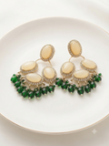 Royal Gold-Tone Cream Oval & Emerald Green Beaded Chandelier Earrings