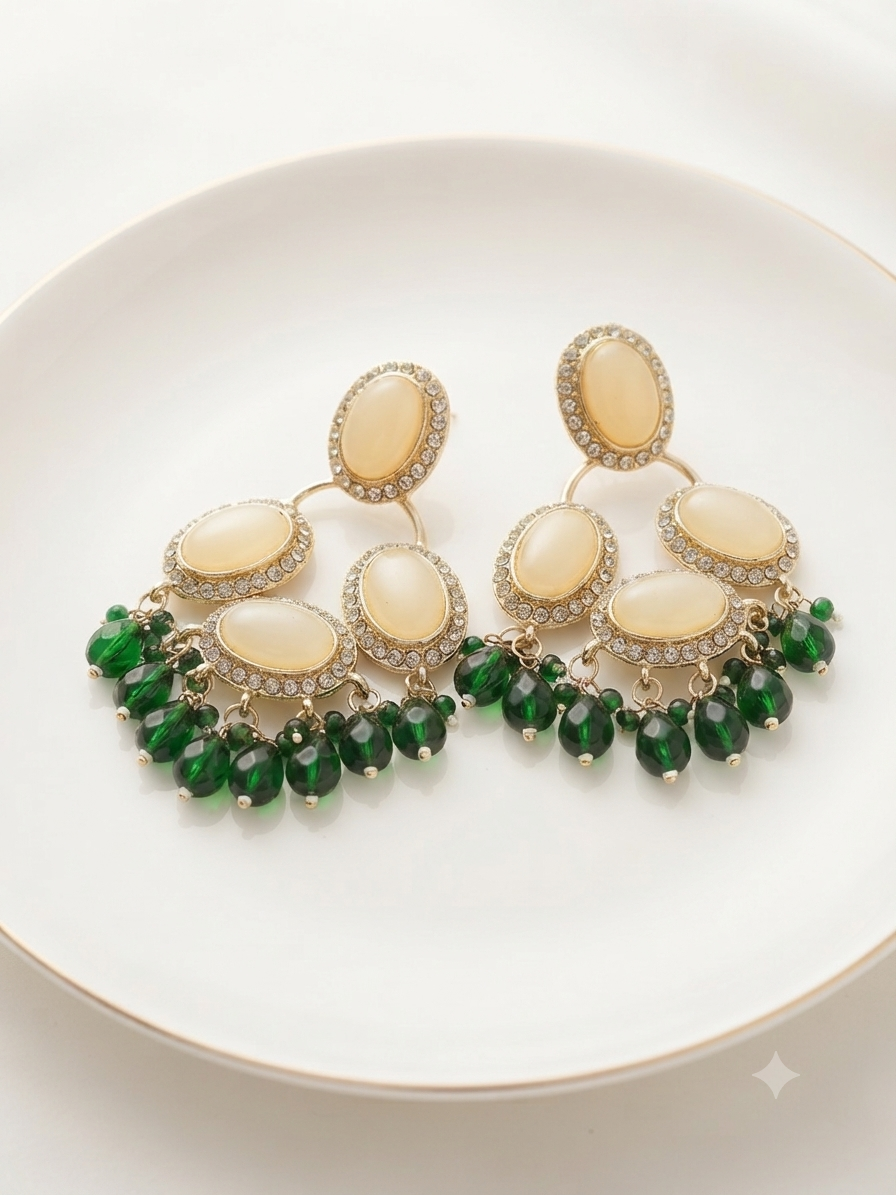 Royal Gold-Tone Cream Oval & Emerald Green Beaded Chandelier Earrings