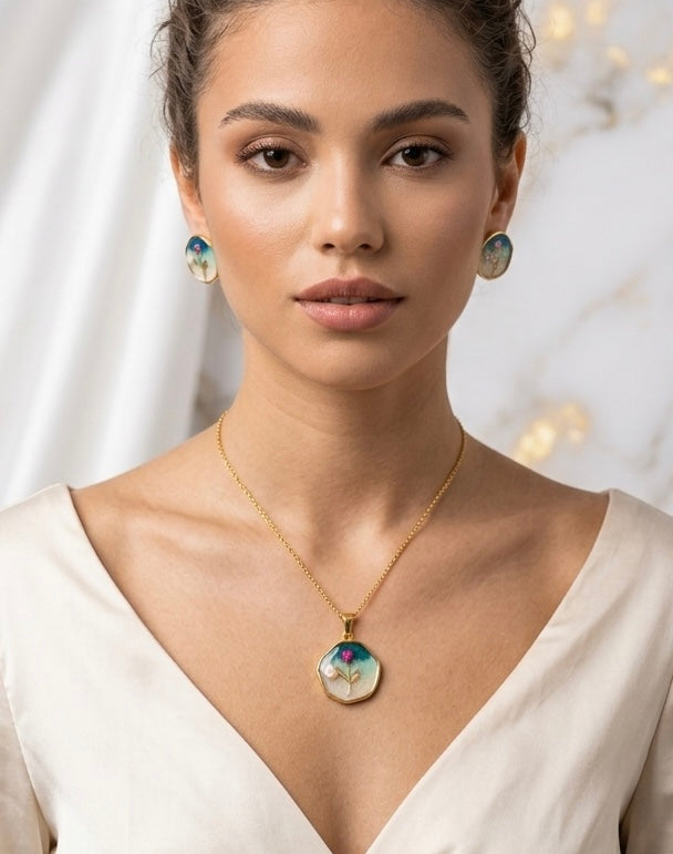 The Blooming Tulip Enamel & Pearl pendant set