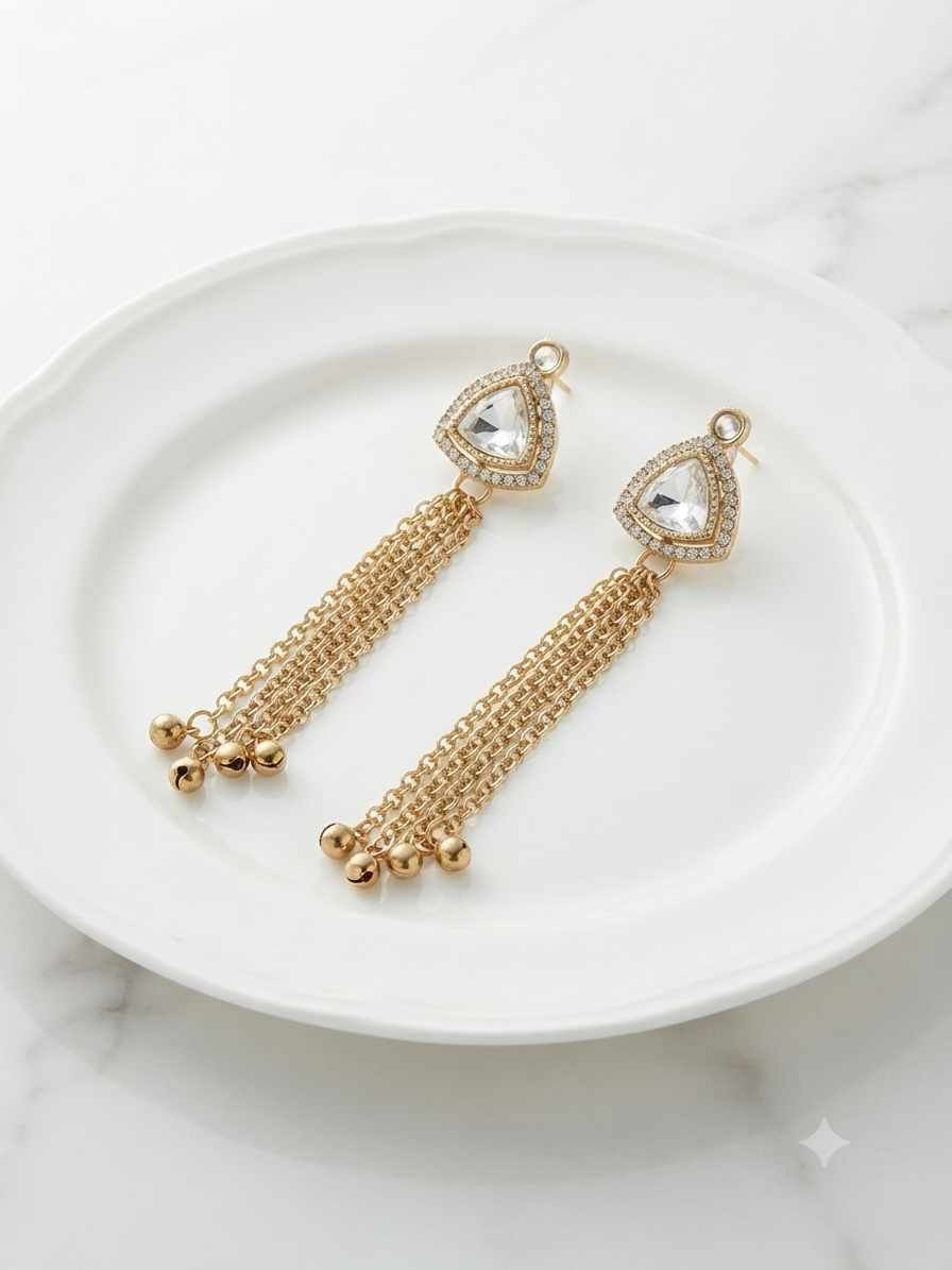 Crystal Solitaire Tassel Statement Earrings – Gold-Plated Triangular Kundan Danglers with Ghungroo Bells