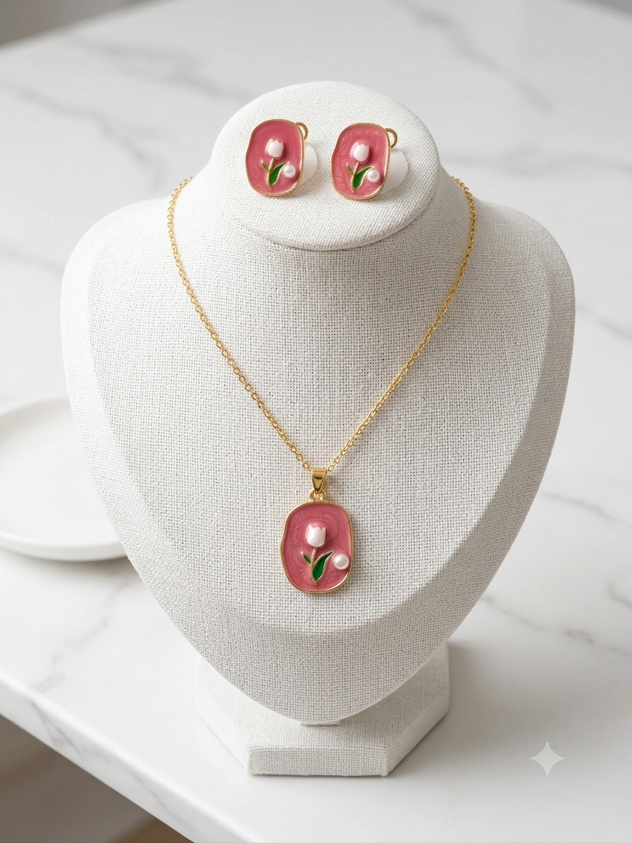 Red Blush Tulip Enamel Pendant & Earring Set