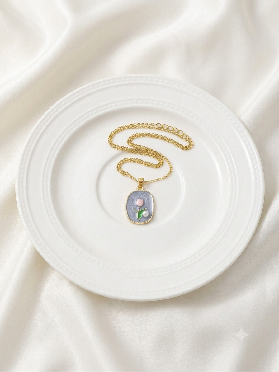 Blue Blush Tulip Enamel Pendant & Earring Set