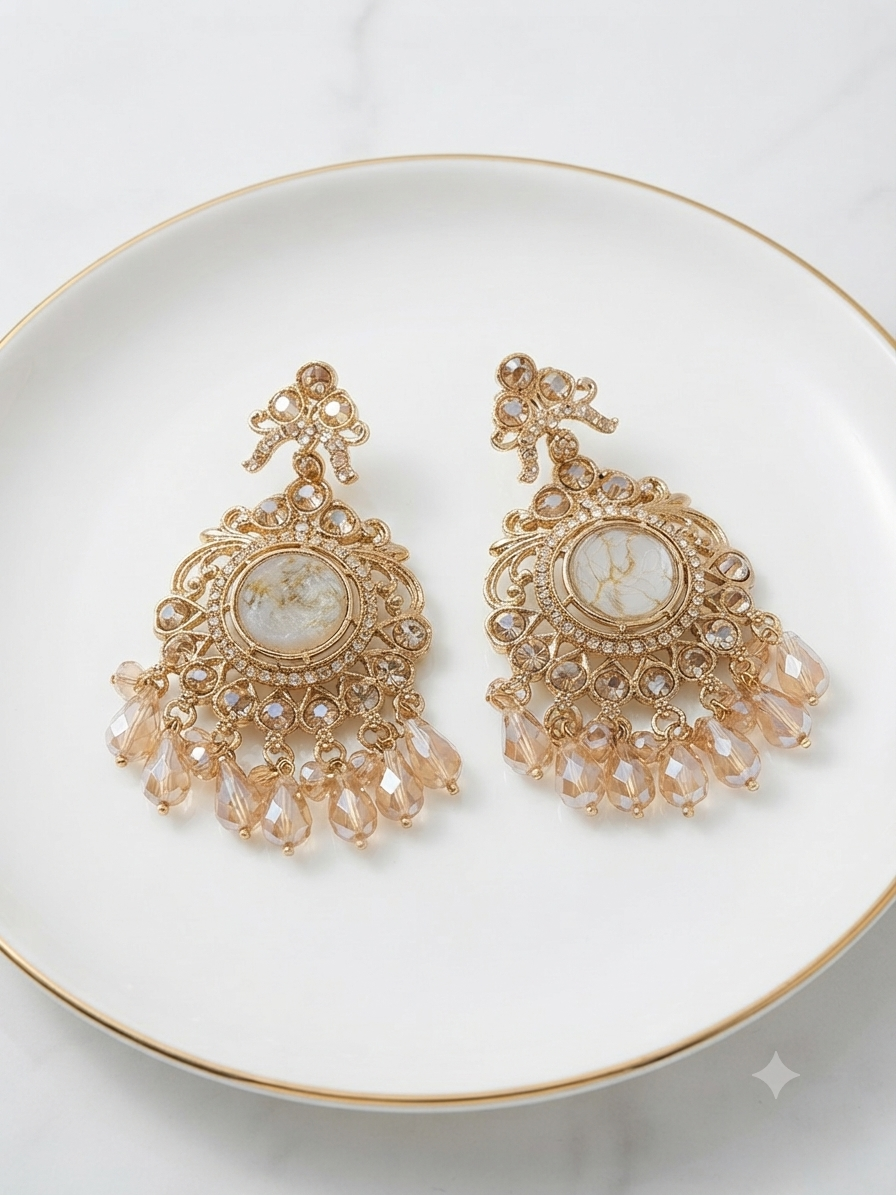 Golden Ivory Filigree & Crystal Dangle Earrings