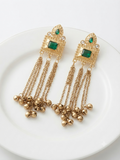 Royal Emerald Tassel Statement Earrings – Gold-Plated Long Danglers with Ghungroo Bells