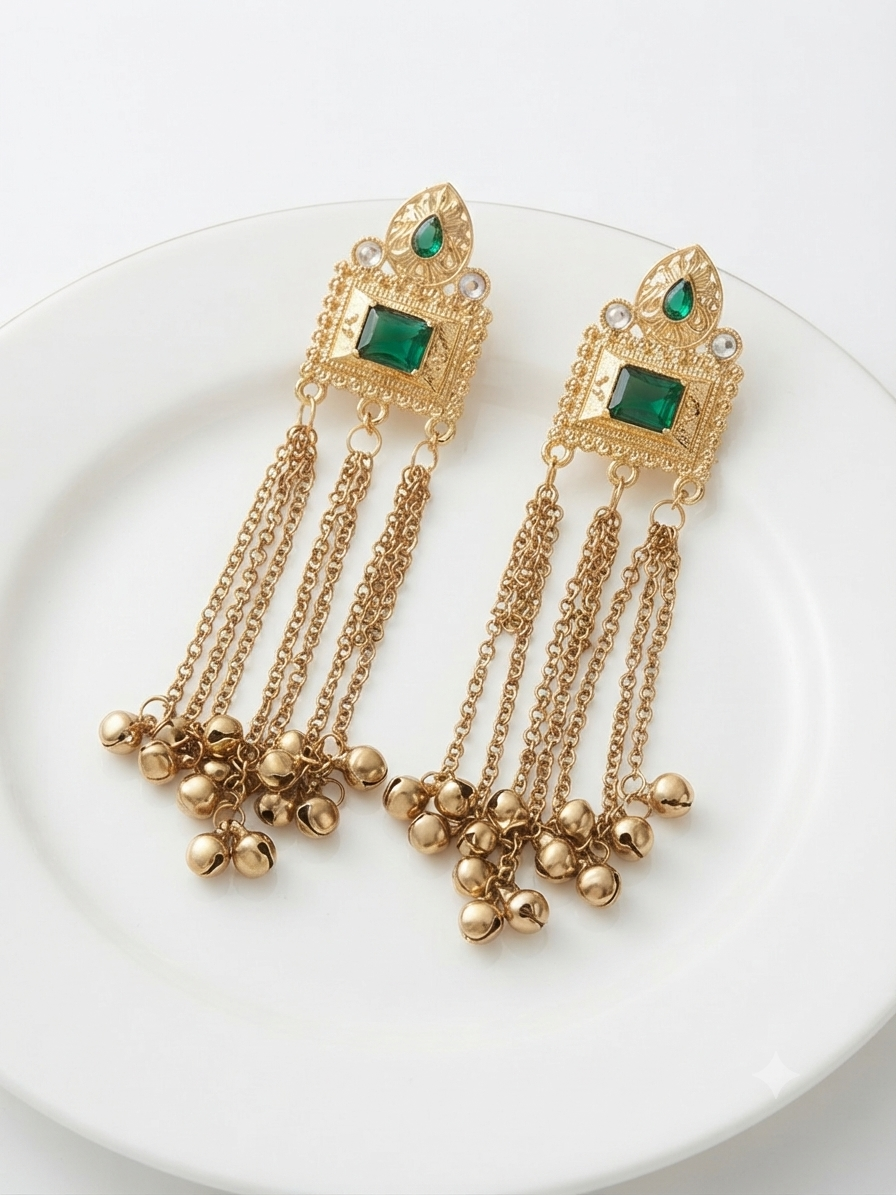 Royal Emerald Tassel Statement Earrings – Gold-Plated Long Danglers with Ghungroo Bells