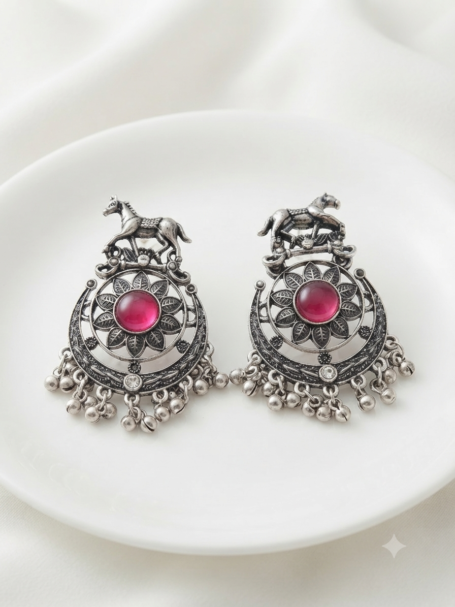 Oxidised silver -pink stone earrings