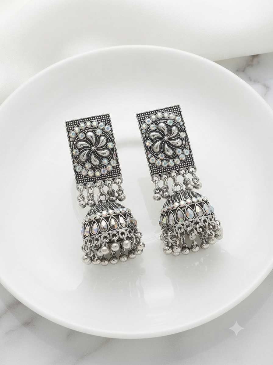 Oxidized Silver-Tone Crystal-Accented jhumka