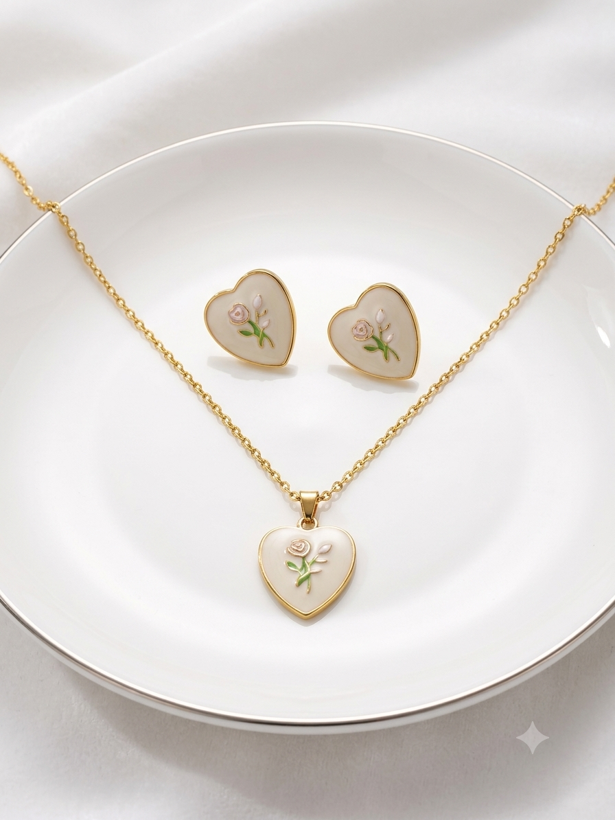 Enchanted Ivory Heart & Floral Pendant set