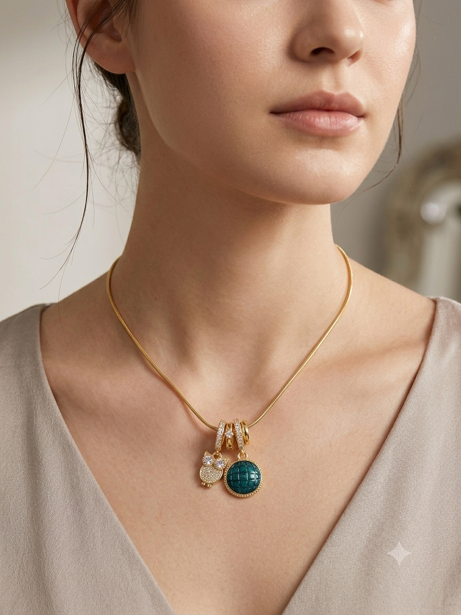 Gold-Plated Owl & Teal Globe Charm Snake Chain Necklace