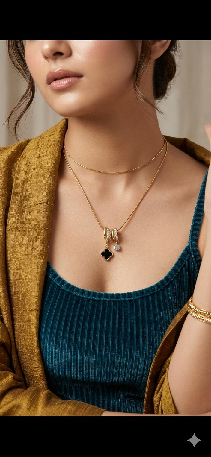 Black Clover & Solitaire Multi-Charm Gold Pendant Necklace