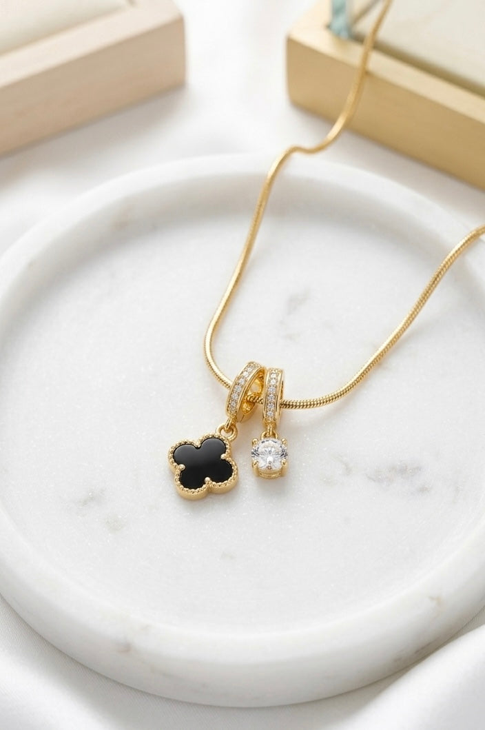 Black Clover & Solitaire Multi-Charm Gold Pendant Necklace