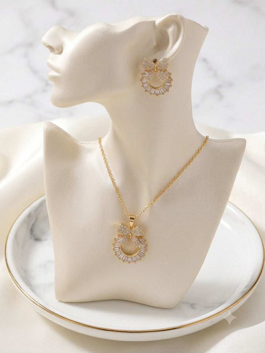 Golden Crystal Bow & Wreath pendant set