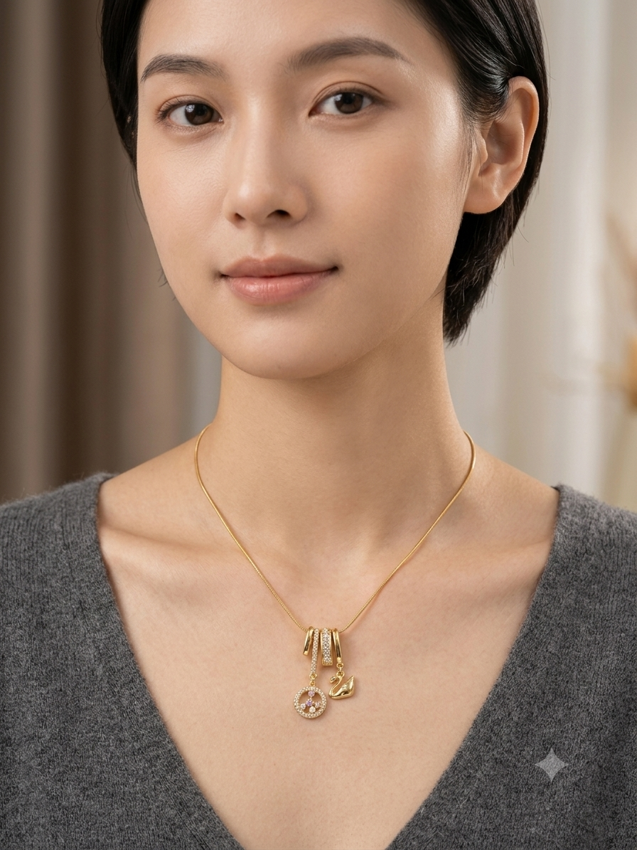 Golden Swan & Celestial Disc Multi-Charm pendant