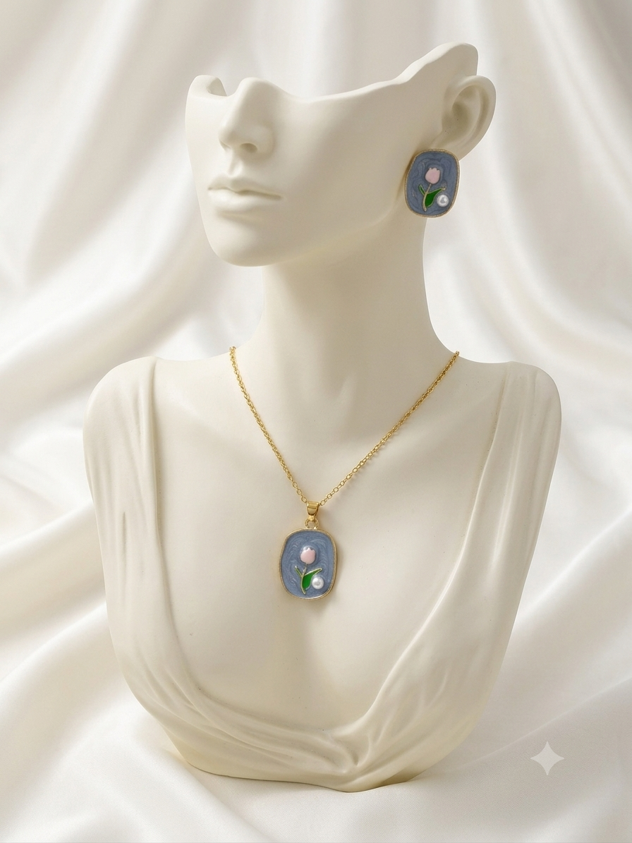 Blue Blush Tulip Enamel Pendant & Earring Set