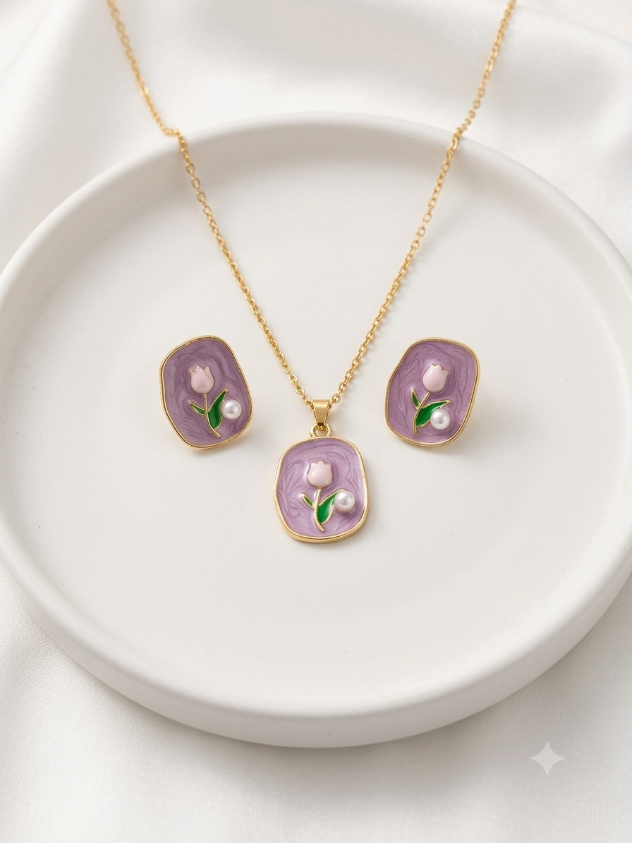 Enchanted Lavender Tulip & Pearl Pendant set