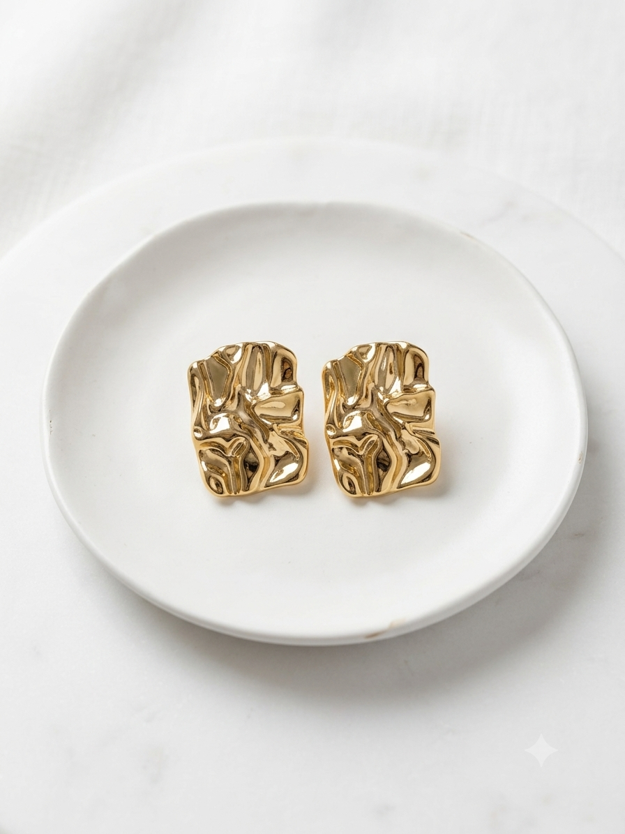 Crumpled Gold Foil Rectangular Stud Earrings