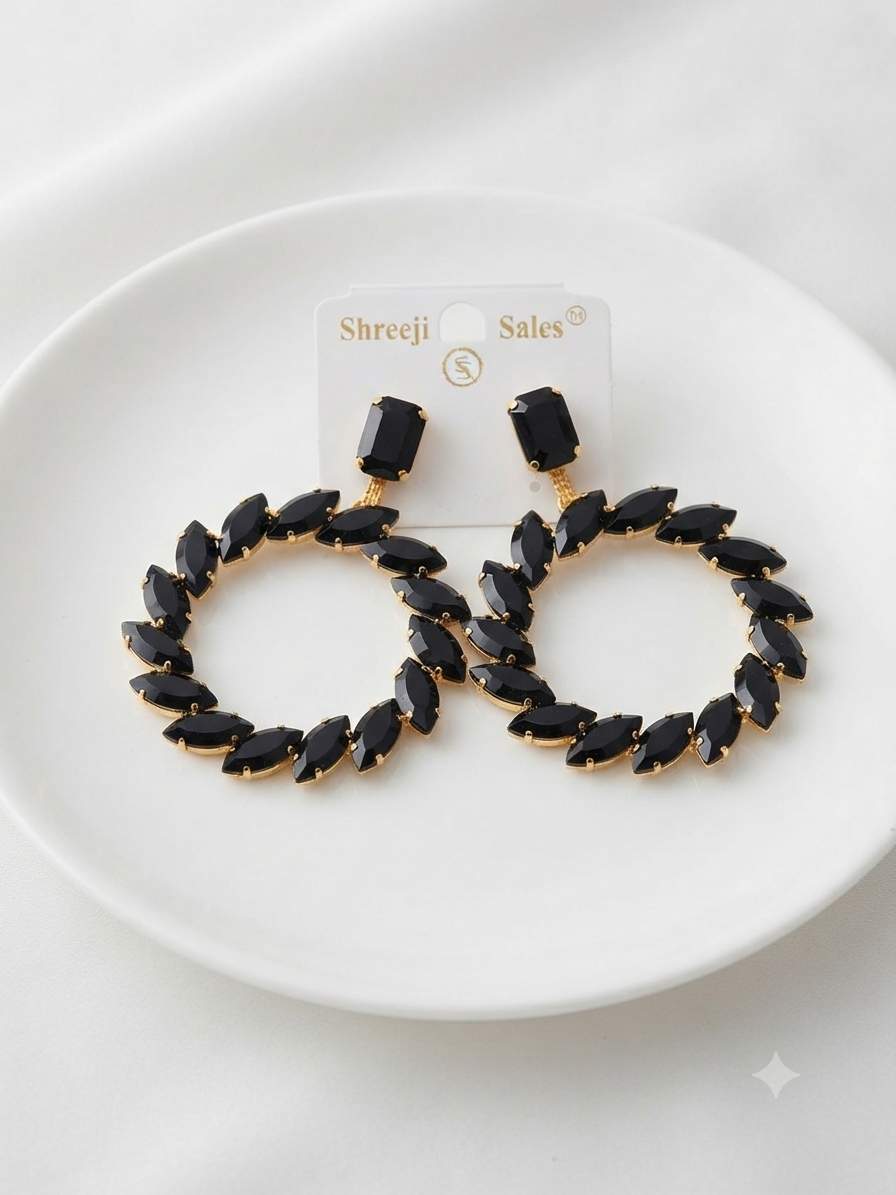 Gold-Tone Jet Black Marquise Crystal Wreath  Hoop Earrings