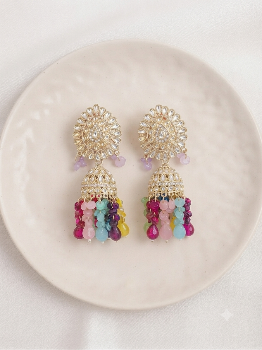 Opulent Kundan & Multi-Color Gemstone Jhumka Earrings