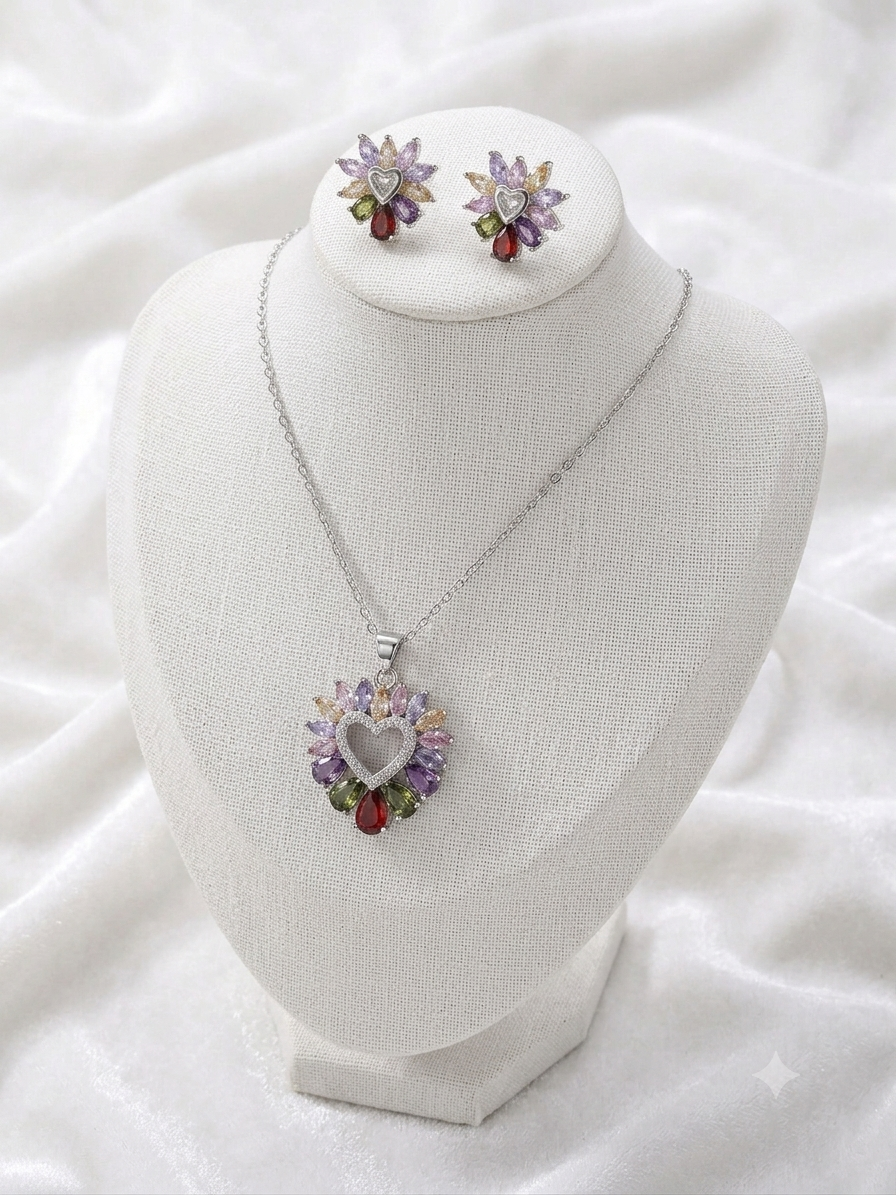Radiant Multi-Gemstone Heart & Floral Cluster pendant set