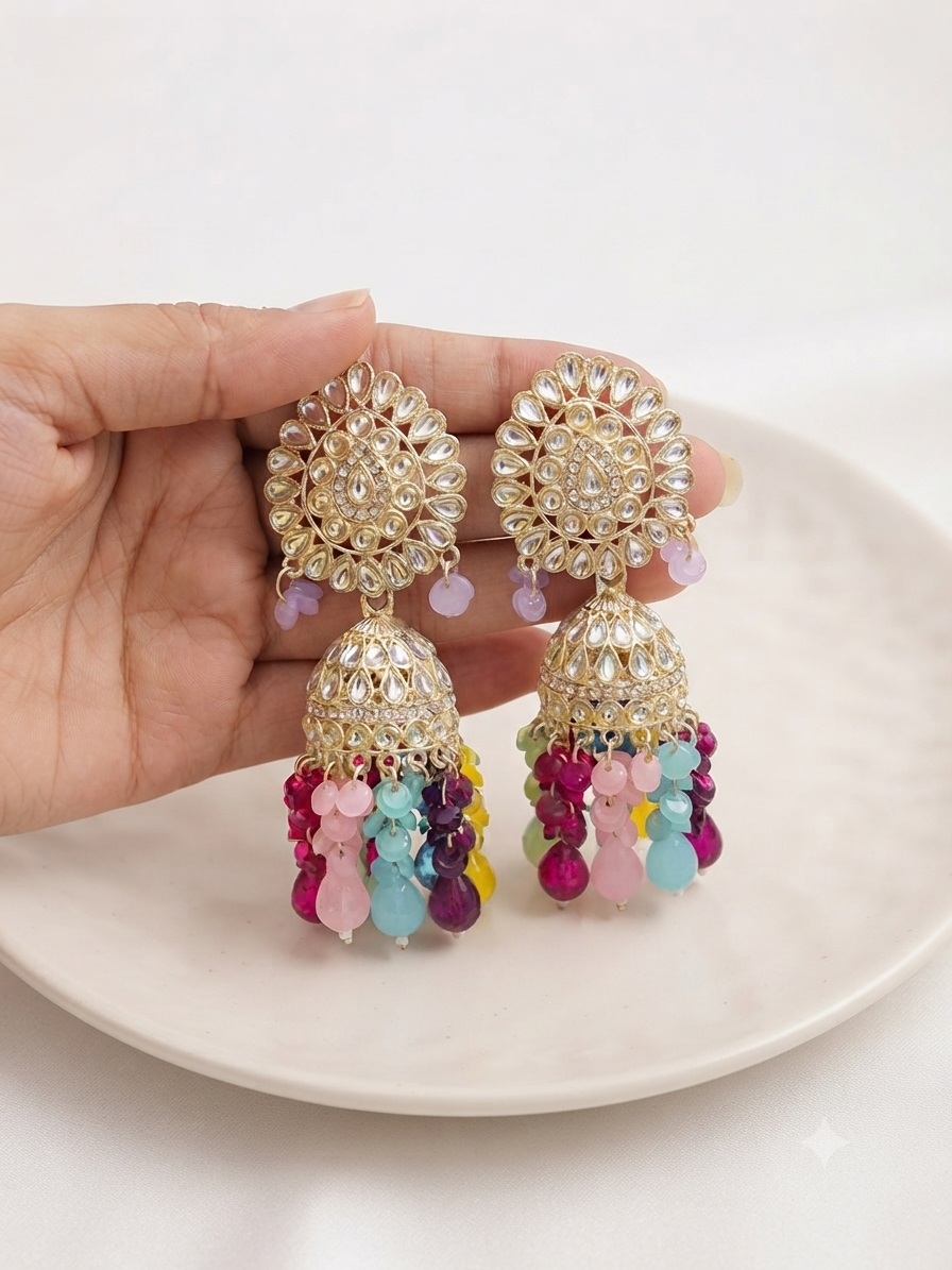 Opulent Kundan & Multi-Color Gemstone Jhumka Earrings