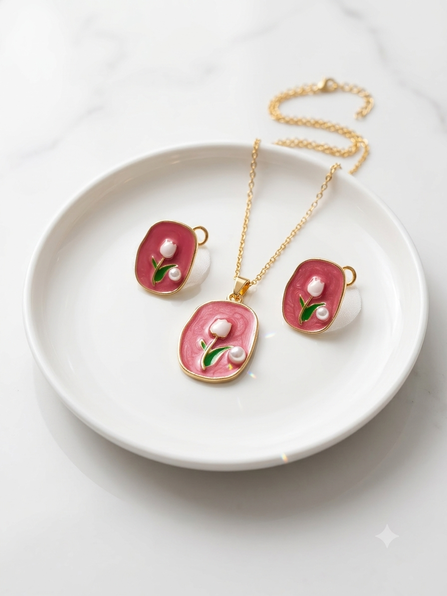Red Blush Tulip Enamel Pendant & Earring Set