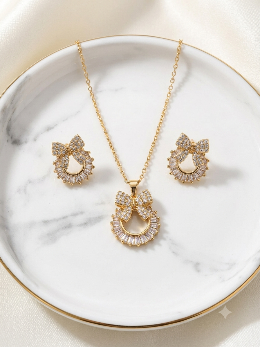 Golden Crystal Bow & Wreath pendant set