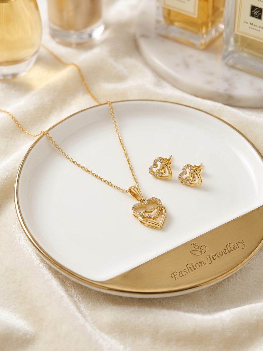 Golden Interlocking Crystal Hearts pendant set