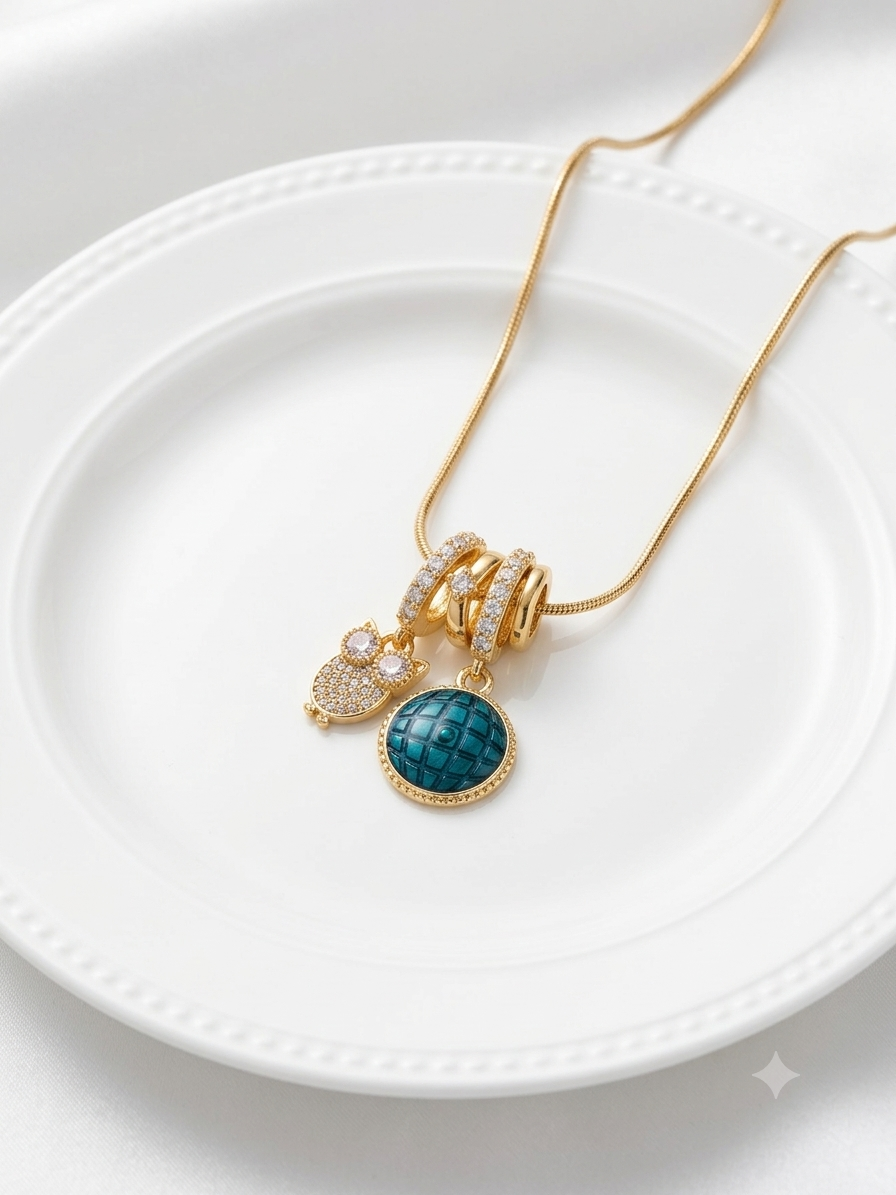 Gold-Plated Owl & Teal Globe Charm Snake Chain Necklace