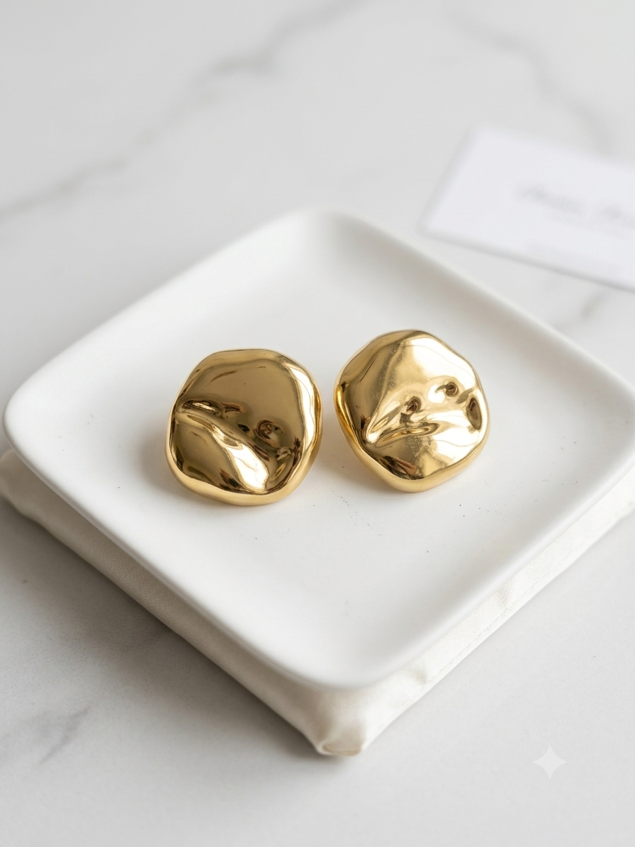 Modern Hammered Liquid Gold Button Earrings
