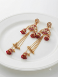 Royal Crimson Cascade Statement Jhumkas – Gold-Plated Long Tiered Earrings with Ruby Beads