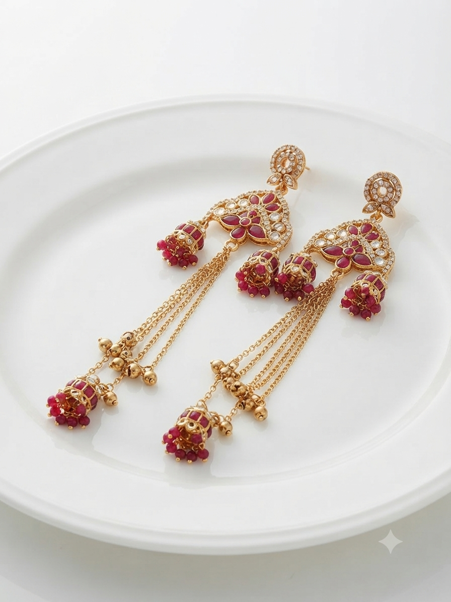 Royal Crimson Cascade Statement Jhumkas – Gold-Plated Long Tiered Earrings with Ruby Beads