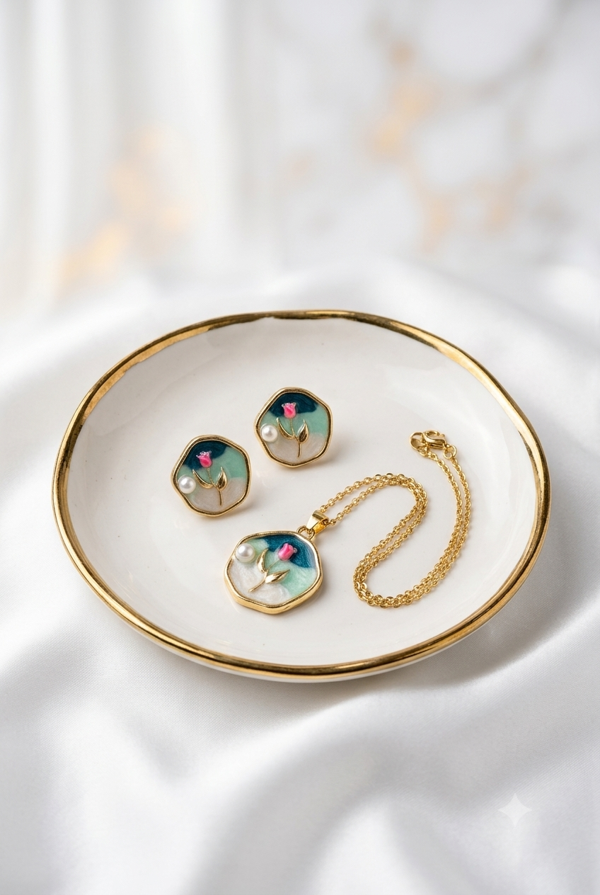 The Blooming Tulip Enamel & Pearl pendant set