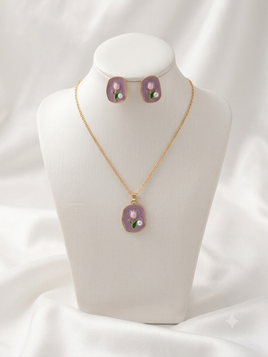 Enchanted Lavender Tulip & Pearl Pendant set