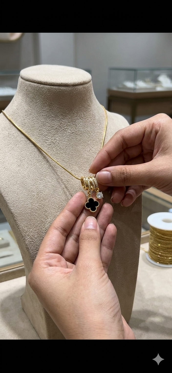 Black Clover & Solitaire Multi-Charm Gold Pendant Necklace