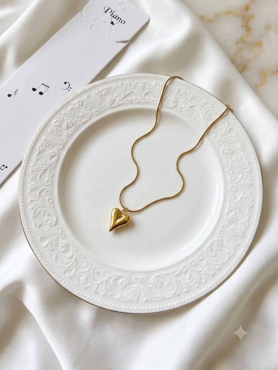 Golden Melody Puffy Heart Pendant Necklace