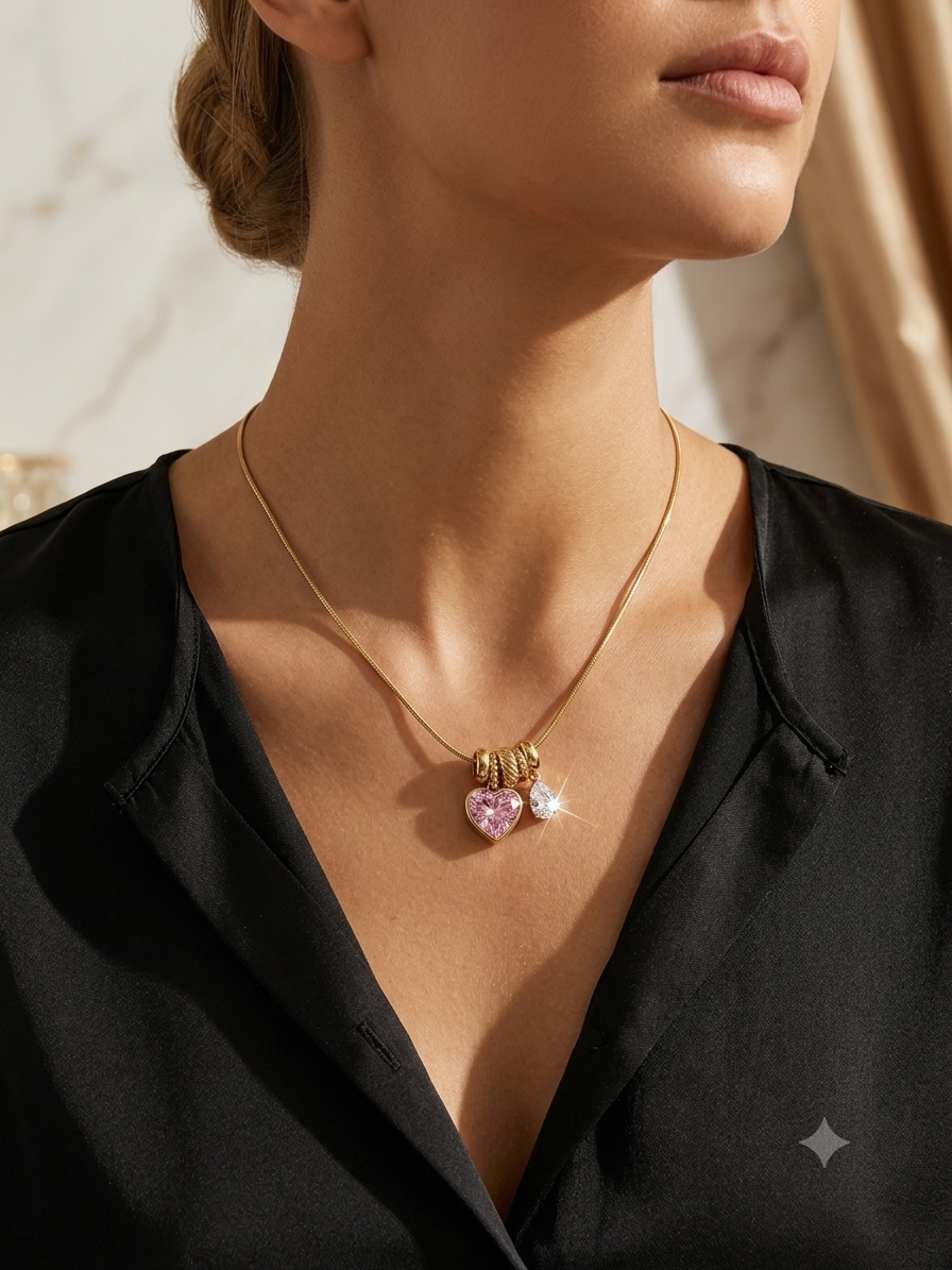 Luxury Pink & Clear CZ Charm Necklace
